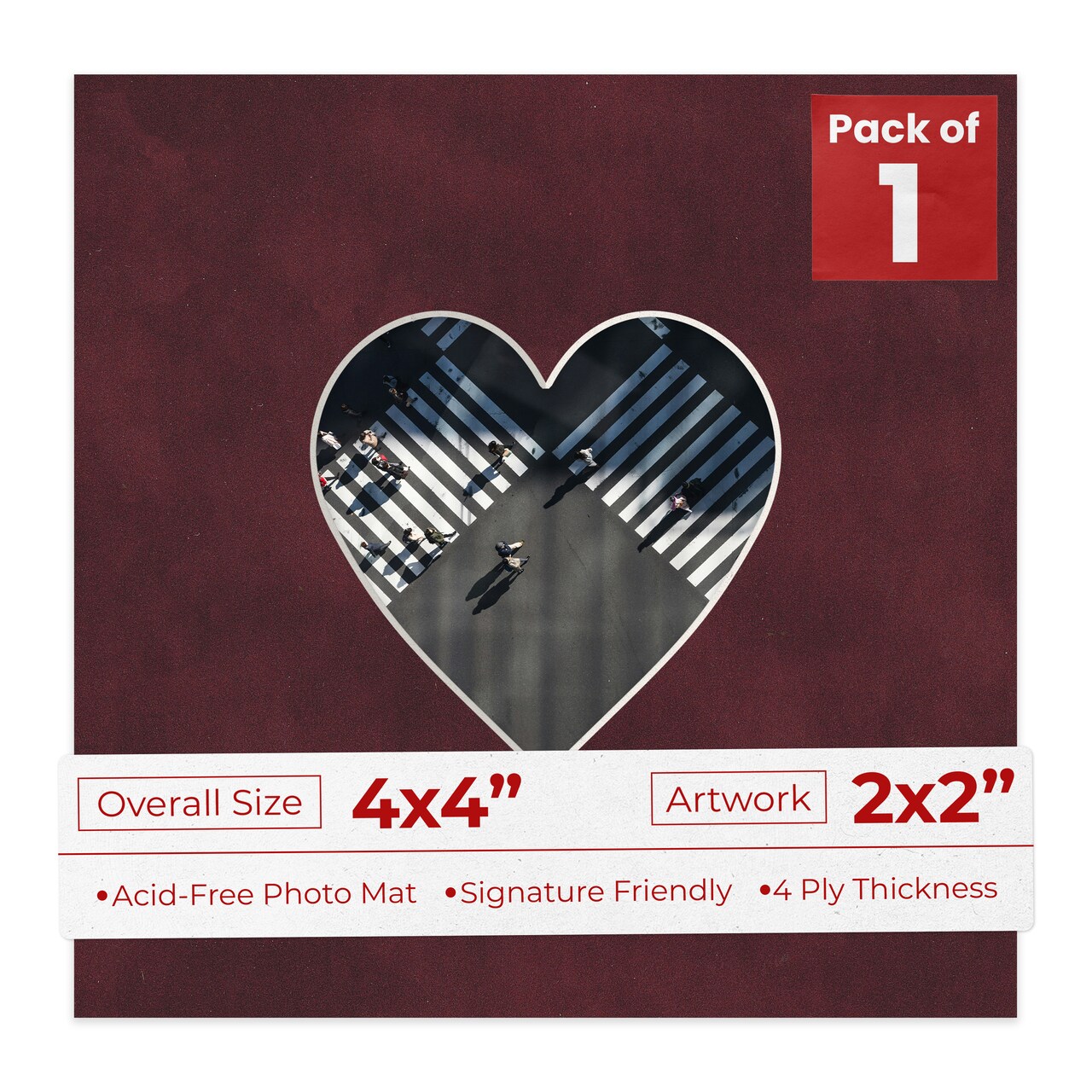 Dark Red Suede Mat Board for 4x4 Inch Frames - Heart Opening for 2x2 Photos